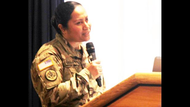 Maj. Eline D. Moeolo-Tuitele with the 88th Readiness Division speaks to Fort McCoy, Wis., community members during the Asian-American/Pacific Islander Heritage Month observance May 17, 2018, at McCoy’s Community Center. The theme for the 2018 observance is “Unite our vision by working together.” [U.S. Army Photo: Aimee Malone, Public Affairs Office, Fort McCoy, Wis.]