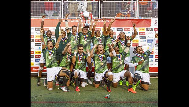  South Africa celebrate after winning the Cup Final match between South Africa and Fiji at the HSBC Rugby Sevens Series held in Sam Boyd Stadium March 3-5, 2017. Final score:  South Africa 19, Fiji-12. (Photo by Allan Hamilton/ Calibre Sports Photomedia)