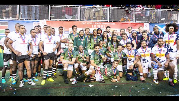 South Africa #1, Fiji #2 and the USA #3 celebrate after the Cup Final match between South Africa and Fiji at the HSBC Rugby Sevens Series held in Sam Boyd Stadium March 3-5, 2017. Final score:  South Africa 19, Fiji-12. (Photo by Allan Hamilton/ Calibre Sports Photomedia)