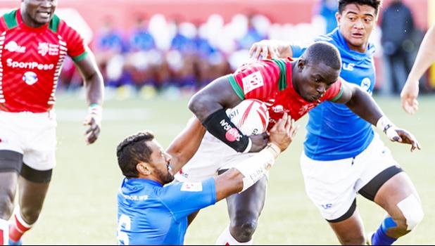 Neria Fomai #6 and Laaloi Leilua #7 of Samoa combine to bring down Andrew Amonde #8 of Kenya during the Trophy Cup Final match between Kenya and Samoa at the HSBC Rugby Sevens Series held in Sam Boyd Stadium March 3-5, 2017. Final score: Kenya- 21, Samoa-14. (Photo by Allan Hamilton/ Calibre Sports Photomedia)