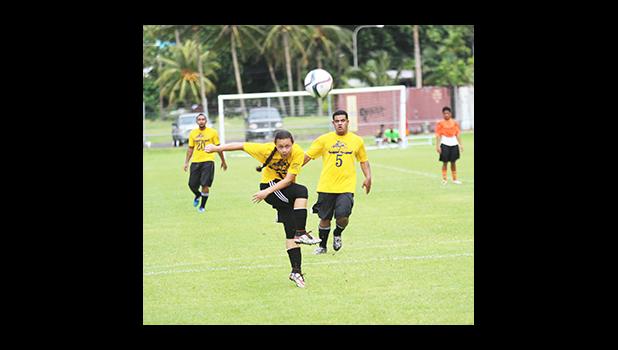 Gabriel Taumua of Pago Youth taking a shot at goal against Royal Puma in a men’s game on Match Day 5 of the 2016 FFAS National League on Saturday, Sept. 17, 2016 at Pago Park Soccer Stadium.  [FFAS MEDIA/Brian Vitolio] 
