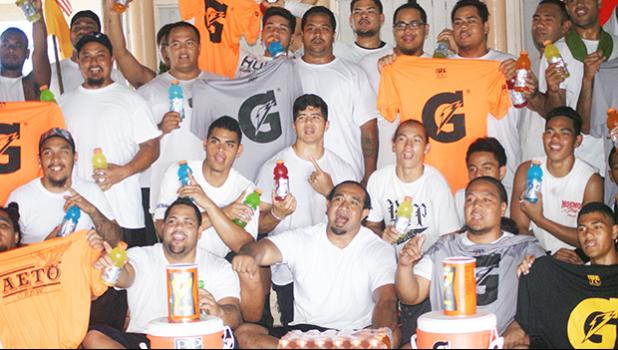 Some of the men of Pago Pago, who are trying out for this year’s AETO fautasi team, celebrating donations from Pago Pago Trading Company and H & H Samsung for their weekly training for one of the biggest event of the year in the territory — 2017 Flag Day Fautasi Race.  [photo: Ese Malala]