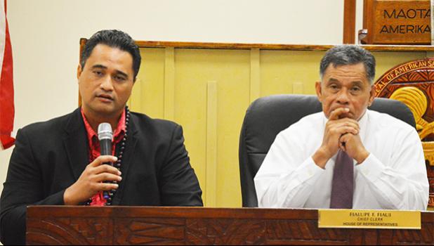 Attorney General, Talauega Eleasalo Ale and Director of Department of Homeland Security, Samana Semo Ve’ave’a. Talauega has requested Samana to install security cameras at the Immigration Office, including the room used to take ID card photos.  [photo: AF]
