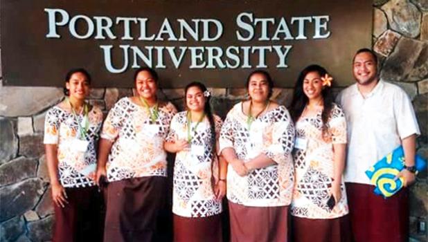 Five ASCC students recently returned from a BUILD EXITO orientation held at Portland State University. BUILD EXITO is a program funded by the National Insitute of Health to encourage students to enter the biomedical, science and engineering professions.  Front row (l-r): Dr. Toetu Faaleva, PSU professor and director of the McNair Scholars Program, Vinesa Faaogea, Olivia Atiano'e, ASCC Health & Human Services instructor Mr. Derek Helsham, and Makerusa Porotesano, Program Coordinator of the Pacific Islander, 