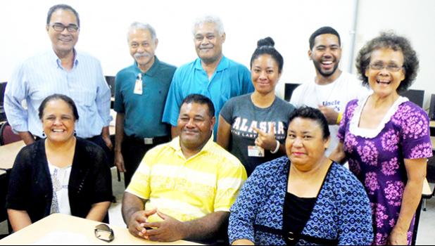 ASCC President Dr. Rosevonne Pato (seated, far left) joins the College’s Business Department, some students and their parents for a photo following a presentation the department recently gave on the trip the class MKT 212 (Marketing & Management Practicum) made to Samoa earlier this month.  [Photo: J. Kneubuhl]