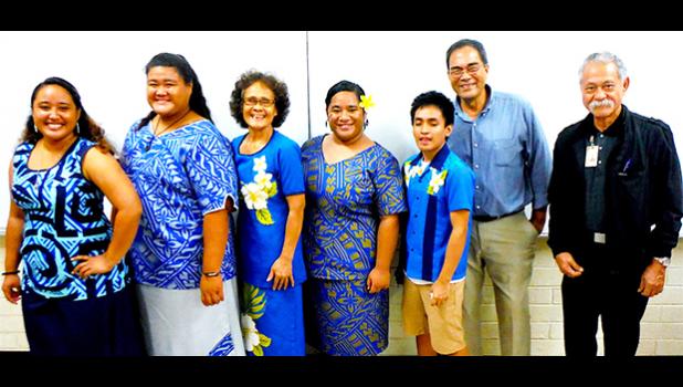Four of the five ASCC Business students who went on a field trip to Samoa in late April, celebrate their return with Business Department chairperson Dr. Faofua Fa’atoafe and instructors Lam Yuen Lam Yuen Jr. and Ioapo Taua’i.  [photo: J. Kneubuhl]