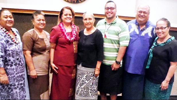 ASCC President Dr. Rosevonne Makaiwi Pato (3rd left) is seen here with Faculty Senate President Mr. Poe Mageo (2nd right) and members of the ASCC faculty following Dr. Pato's speech at last week's Faculty Convocation.  [Photo: J. Kneubuhl]