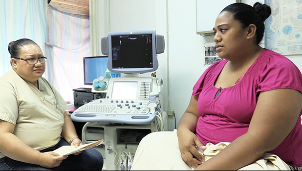 In this scene from the ASCC-ACNR Land Grant film “Gestational Diabetes Screening - Mo Lou Lumana’i Manuia,” an American Samoan woman tries to find out about the disease named in the title. This film and another titled “The Placemat” were featured during a recent public screening at the College.  [courtesy photo]