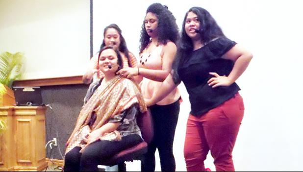 Cast members of the ASCC 2017 theatrical production "In The Heights" rehease the Salon scene. The play, set in the Dominican-American neighborhood of Washington Heights in New York City, will take place this coming Tuesday and Wednesday, May 2 and 3, in the Lee Auditorium. Doors open at 6 p.m. and the show gets underway at 7:30.  [Photo: J. Kneubuhl]