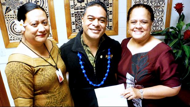 ASCC President Dr. Rosevonne Makaiwi-Pato and Dean of Affairs Letupu Moananu presented Fine Arts Department chairman Kuki Tuiasosopo with a letter of recognition from the headquarters of the Phi Theta Kappa (PTK) International Honors Society. The PTK has recognized Tuiasosopo for five years of service as an advisor to the ASCC Alpha Epsilon Mu chapter of the society.  [photo: J. Kneubuhl]