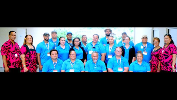  Presenters and participants in the Leadership Training held by ASCC last week for 17 staff members of the Environmental Protection Agency (EPA). ASCC President Dr. Rosevonne Makaiwi-Pato (2nd left) led the training team, while EPA Director Ameko Pato (center) joined his staff members for the training’s conclusion.  [photo: J. Kneubuhl]