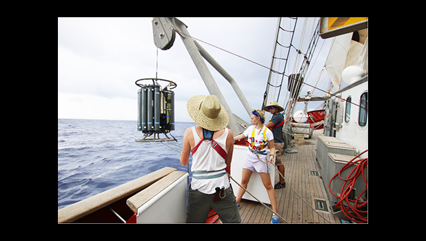 Crewmembers aboard the research vessel Robert C. Seamans perform their scientific duties at sea. The vessel, described as a "sailing laboratory," will hold an open house for the general public this Saturday, September 17th, from 9 to 11 a.m., and from 12 to 3 p.m.  [courtesy photo]                             
