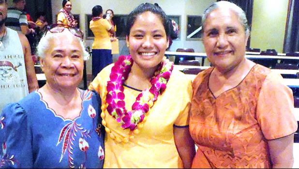 Monalisa Afoa (center) celebrates being inducted into the ASCC chapter of the Phi Theta Kappa International Honor Society last week. Afoa is pictured with ASCC faculty member Elisapeta Faalafi-Jones and Maria Perofeta.  [photo: J. Kneubuhl]