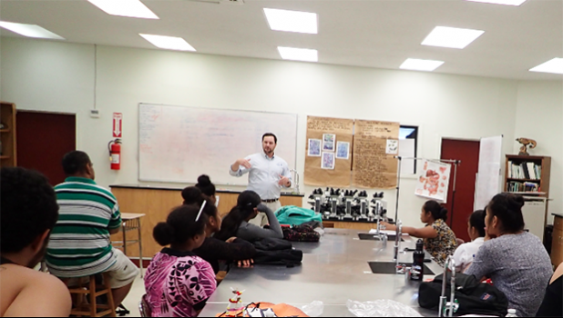 John Armor, Director of NOAA's Office of National Marine Sanctuaries, is seen here giving a talk to ASCC Marine Science students about perseverence and finding a career that is both rewarding and protective of American Samoa's unique island resources.  [Photo: K. Anderson-Tagarino]