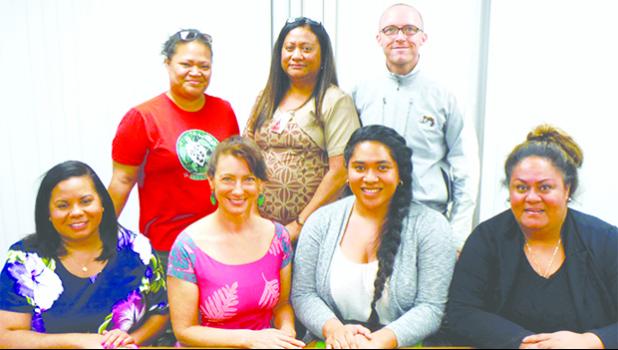 Monica Afalava (front, 2nd right), the new Program Coordinator for the American Samoa Area Health Education Center.  Front (l-r): Hawaii/Pacific Basin AHEC Associate Director Erica Davis; Hawaii/Pacific Basin AHEC Director Dr. Kelley Withy; Afalava; ASAHEC Board Co-Chair Dr. Robin Faumuina. Back (l-r): ASAHEC Board Chairwoman Ipu Eliapo-Unutoa; ASCC Dean of Academic Affairs Letupu Moananu; and ASCC-ACNR Community Nutritionist Travis Fleming. See story inside for details. [Photo: J. Kneubuhl]