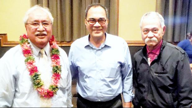 Following a Business Forum presented by the Business Ambassadors of ASCC (BAOA) last week, guest speaker HTC Iulogologo J. Pereira, Special Assistant to the Governor (left) is pictured with ASCC Business instructors Lam Yuen Lam Yuen Jr. and Ioapo Taua’i.  [photo: J. Kneubuhl]