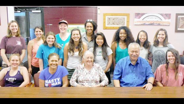Visitors from the School of International Travel (SIT) and their guides attened a talk by Tapaau Dr. Daniel Aga (front, second right) of the Office of Political Status on the history of American Samoa's affliliation with the United States. During their five days in American Samoa, the SIT visitors were hosted by the ASCC chapter of the Phi Theta Kappa honor society.  [Photo: J. Kneubuhl]