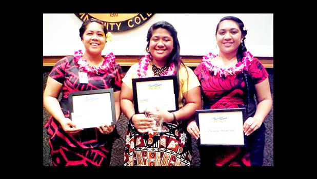 The three finalists in Lau Gagana! Tuvaaga Tusiga Tala Faasamoa, a writing competition in the Samoan language organized by the ASCC Samoan Studies Institute are (left to right) second place winner Andrea Faalei'ua, first place winner Dorothy Mana'o, and third place winner Oneata Melody R. Soi.  [Photo: J. Kneubuhl]