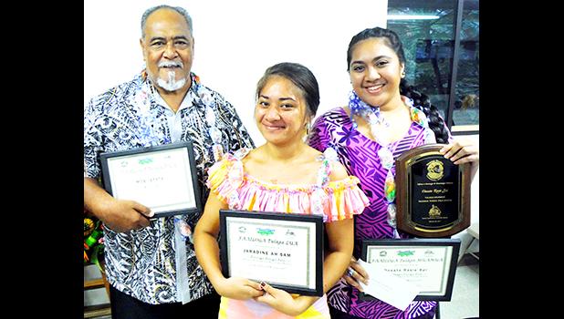 The ASCC Samoan Studies Institute held a ceremony in late November to recognize this year’s winners for its writing competition in the Samoan language. (l-r) Moe Iefata, third place winner; Jaradine Ah Sam, second place winner; and 2017 first place winner Oneata Rosie Soi. [photo: J. Kneubuhl]