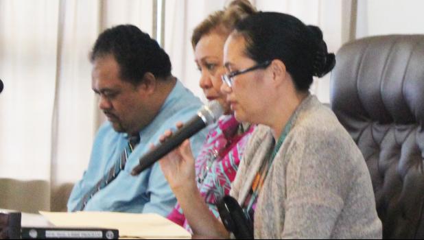In this Samoa News file photo, American Samoa Economic Development Board nominees [l-r] Commerce Department deputy director Uili Leauanae, Chief Procurement Officer, Dr. Oreta Mapu Crichton; Public Works director Faleosina Voigt at the conclusion of their Senate confirmation hearing in August. [SN file photo]