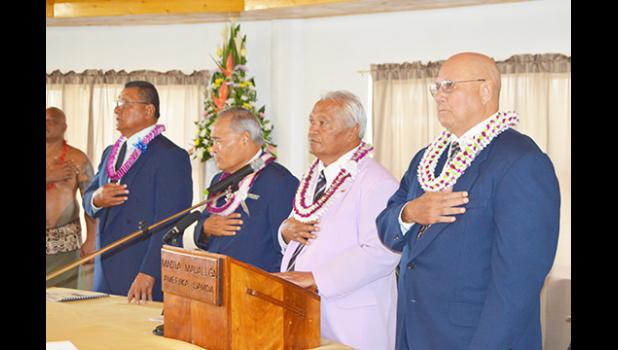 [l-r] Senate President Gaoteote Tofau Palaie, Gov. Lolo Matalasi Moliga, House Speaker Savali Talavou Ale and Chief Justice Lealaialoa Michael Kruse during the national anthems of the United States and American Samoa at yesterday’s opening of the Fono’s joint session to start the First Regular Session of the 35th Legislature.  [photo: AF]
