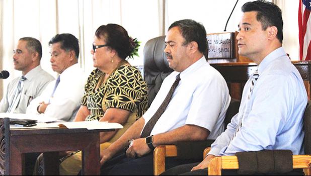 (l-r) Deputy Police Commissioner, Vaimaga Maiava; local Homeland Security director Samana Semo Ve’ave’a; Human Resources director Eseneiaso Liu; Human and Social Services deputy director Muavaefa’atasi John Suisala, and Attorney General Talauega Eleasalo Ale, testifying Wednesday before a Senate committee on a bill requiring drug testing for ASG employees, including elected officials.  [photo: FS]