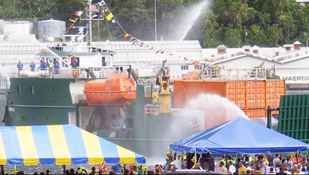 Seen in this photo is the  $13.8 million MV Manu’atele vessel in front of the main dock after sailing into Pago Pago on its maiden voyage on Jan. 4, 2017. It is currently down due to generator problems, as is the MV Sili. Both are on hold by the U.S. Coast Guard, preventing them from sailing due to generator issues. [SN file photo]