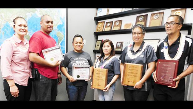 Neil’s ACE Home Center held a small ceremony yesterday morning to recognize years of service for team members from 5- 25 years.  In this photo are CEO Ngaire Ho Ching (far left) and some of the recipients, who received service awards. Recipients recognized were Frank Ho Ching, Fernando Seti, Pisinisi Fa’alili, Joyce Ta’ala, Linda Brown, Eneliko Auseuga, Ugapaepae Koloi-Ampong, Marichu Cayanan, Nadine Solofa-Taufa’asau and Teni Ma’ae.  [Photo: EM]