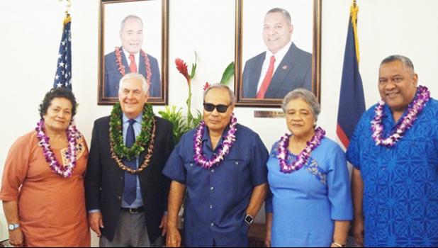 (L to R) Congresswoman Amata, Secretary of State Tillerson, Gov. Lolo Matalasi Moliga and the First Lady Cynthia, and Lt. Gov. Lemanu Peleti Mauga during Tillerson’s most recent stopover in Pago Pago.  [Courtesy photo]