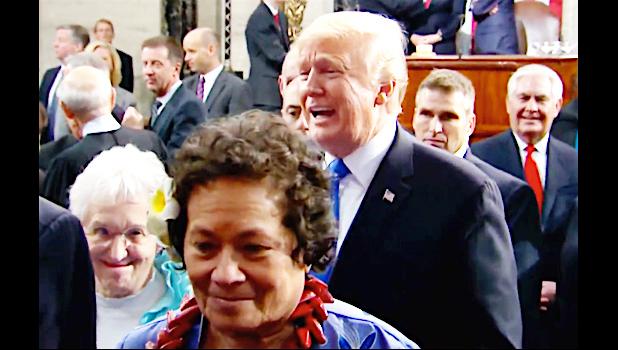Congresswoman Amata and President Trump immediately following the State of the Union speech just after she greeted him in the chamber of the House of Representatives.  [Courtesy photo]