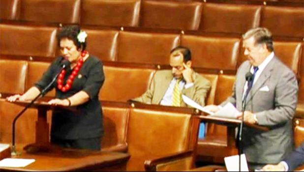 Amata and Chairman Calvert on the House floor during a colloquy, seated is Amata’s Legislative Director and veteran Casey Brinck. [courtesy photo]