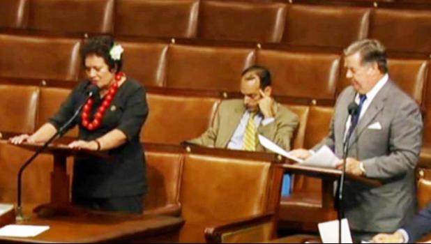 Congresswoman Amata and Chairman Calvert talk about education funding for AS, on the House floor last year. [courtesy photo]
