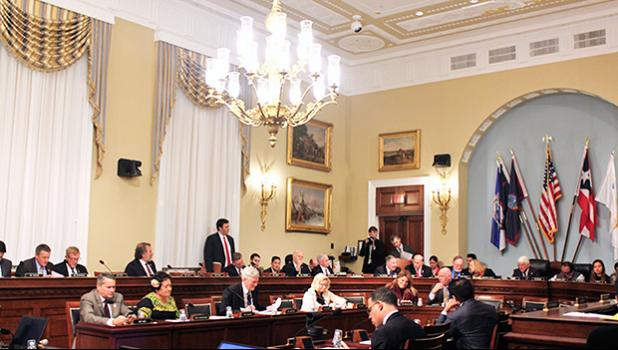 Amata preparing for the Natural Resources Committee’s last votes of 2017 in the historic committee room.  [Courtesy photo]