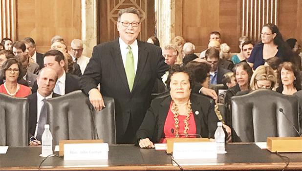 Congresswoman Aumua Amata with Assistant Secretary Doug Domenech prior to the confirmation hearing in July.  [courtesy photo]