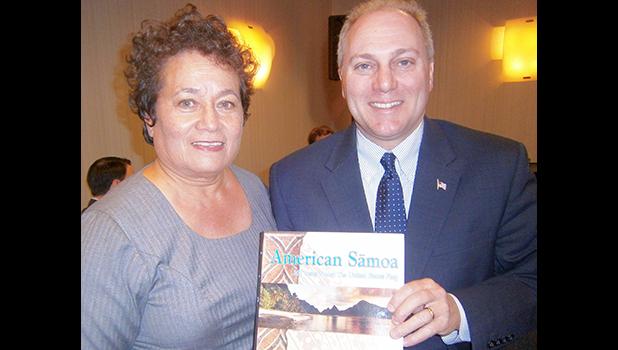 Congresswoman Aumua Amata recently presented a book on American Samoa to US Majority Whip, Steve Scalise.  He was one of the victims of the shooter who shot a number of people at the GOP congressional baseball practice on Wednesday.  [courtesy photo]