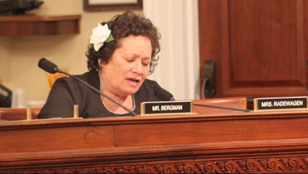 Congresswoman Aumua Amata speaks out on funding for American Samoa during Tuesday’s budget oversight hearing of the Subcommittee on Indian, Insular and Alaska Native Affairs, noting the proposed cut of $1.2Mil in the FY 2018 insular operations for the territory cannot be easily absorbed, especially in light of Cyclone Gita’s impact.  [Courtesy photo]