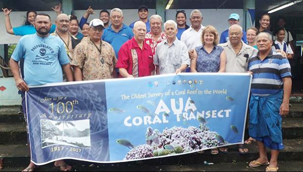 Aua village chiefs with visiting scientists Dr. Charles Birkeland and Dr. Alison Green last week, during the 100th anniversary of the Aua Coral Transect Project, the oldest survey of a coral reef in the world. See story for full details. [photo: courtesy]