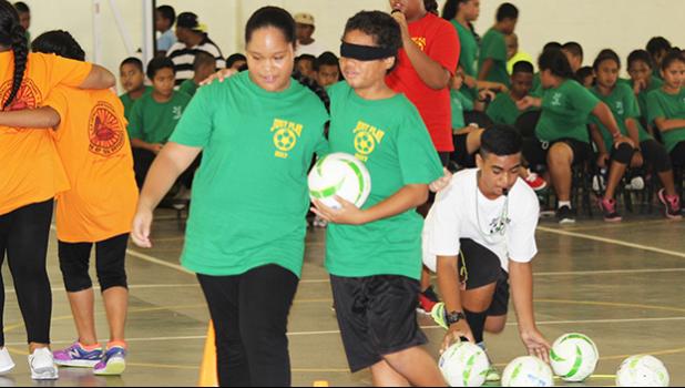 A.P. Lutali students perform their session’s skill part of their demonstration, during the ASDOE/FFAS Just Play Program finale on Thursday, April 27, 2017 at the DYWA gymnasium in Pago Pago.   [FFAS MEDIA/Brian Vitolio]