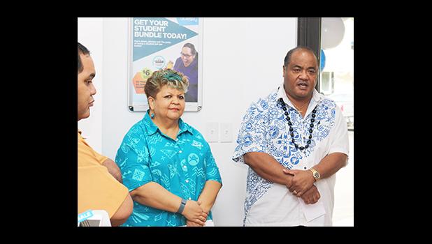 Bluesky Communications officials, Senior Consultant Pulelei’ite Li'amatu Tufele Jr. and Customer Service Manager Sherry Sele, offered their acknowledgements and thanks to all those who were able to attend the dedication ceremony for the newly renovated store inside the Laufou Shopping Center, yesterday morning. [photo: TG]