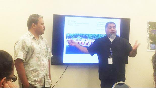 Port Administration, in conjunction with Treasury’s Customs Division, called a Port users meeting in a Mar. 29 letter, regarding container scanning operation which goes live today — the same time the fee of $200 per 20 feet container or over goes into effect. Port Admin deputy director Christopher King is seen here explaining during the meeting the layout of the port operation, when the scanner goes lives today, and how Port operations will be affected.  [Courtesy photo]