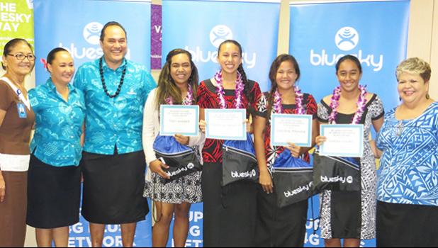 Four graduates were presented scholarships from Bluesky Communications yesterday at the company's main office at the Laufou Shopping Center. Three of the scholarships were for students accepted to off island schools and one for ASCC. The awardees are: Tedy Barber, Gabriella Langkilde, Farah Young, and Casidhe Mahuka.  [photo: Leua Aiono Frost]