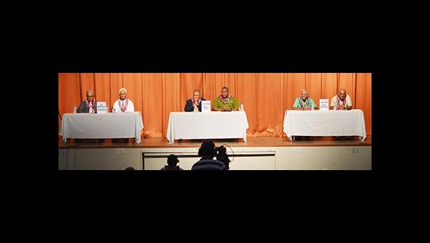 The gubernatorial candidates at the forum hosted by the Chamber of Commerce Thursday afternoon at the Governor H. Rex Lee Auditorium. The forum included the gubernatorial teams of Governor Lolo Matalasi Moliga & Lt. Gov. Lemanu Palepoi Sialega Mauga, Faoa Aitofele Sunia & Larry S. Sanitoa, and Tuika Tuika & Salanoa Iuni Maeva Saveena. Also in the audience were government officials, and supporters of the candidates.   [Photo: JL]