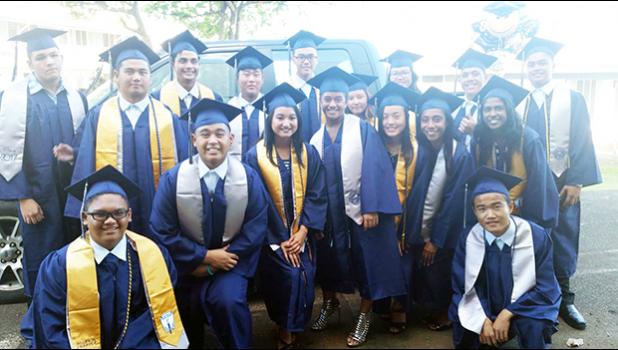 Graduates of South Pacific Academy's Class of 2017 smiling for the Samoa News camera minutes before they were presented their high school diplomas last Saturday. [photo: Blue Chen-Fruean]