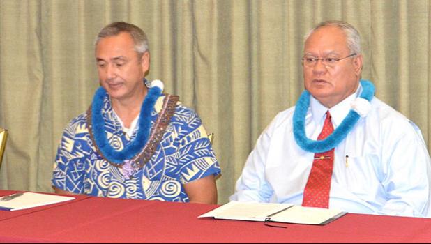 Samoa Police Commissioner, Egon Keil, and DPS Commissioner, Le’i Sonny Thompson during last year’s PTCN conference in American Samoa.  [photo: AF]
