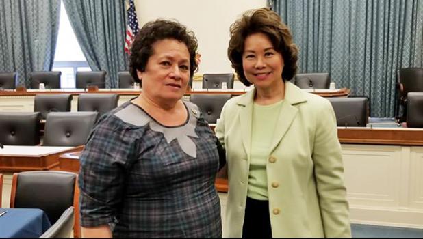Congresswoman Amata with Transportation Secretary Elaine Chao in a committee room on Capitol Hill.  [courtesy photo]