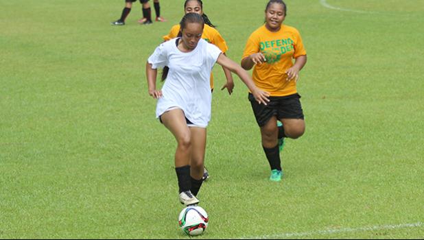 Susan Godinet of the Fa’asao-Marist Cougars in action against the Leone Lions’ during an ASHSAA varsity girls’ soccer game on Saturday, Feb. 24, 2018 at Pago Park Soccer Stadium.  [FFAS MEDIA/Brian Vitolio]