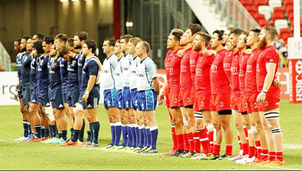 The US and Canadian National Anthemn were played prior to the HSBC Singapore 7s Cup finals at the Singapore HSBC Sevens, Day 2, National Stadium, Singapore.  Canada is the new Singapore 7s Champions beating the USA 26-19.  [Photo: Barry Markowitz]