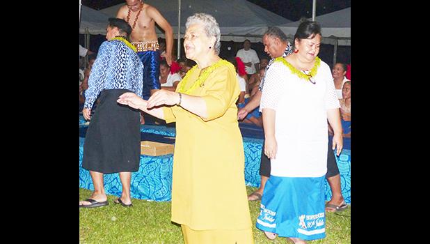 First Lady Cynthia Malala Moliga joined Sister Sheila and others during the taualuga for the Catholic Tafuna Youth performance at the Hope House Fiafia Night Fundraiser event, Monday evening, at Fatuoaiga Malae. [photo: Leua Aiono Frost]