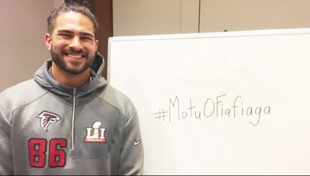 Atlanta Falcons #86 Tight End DJ Tialavea who is named after his late father Donald Tialavea Sr. of Pavaiai and Auto, proudly representing his Samoan side and preparing for the NFL Super Bowl this weekend. The Falcons are playing against the Patriots, who are a favorite for the win this Sunday.  [Courtesy photo]