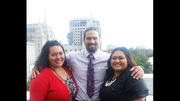 Atlanta Falcons #86 Tight End DJ Tialavea a devout member of the LDS church and of Samoan descent, with his childhood cousins Irene and Camille Lolofie of Pavaiai.  [Courtesy photo]